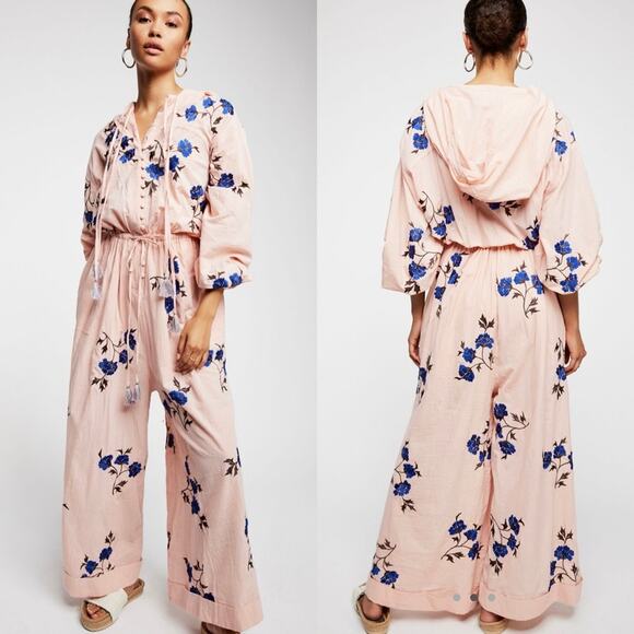 Free People Pants - NWT Free People Cloud Nine Wide Leg Embroidered Jumper Pink Crystal Combo - XS/S